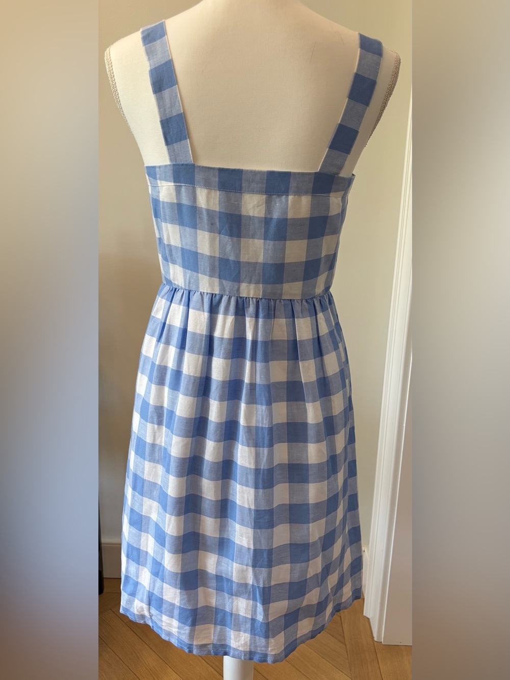 Gingham Sundress Blue and White J Crew Button-Front, Size 2, Linen Cottagecore - Picture 5 of 10